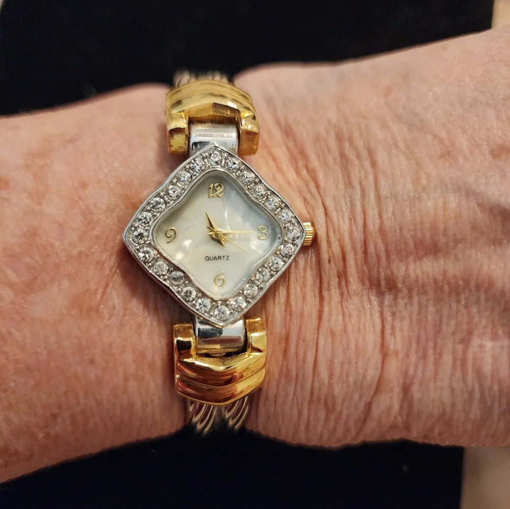 Vintage Gold and Silver Women's Quartz Adjustable Hinged Bangle Watch